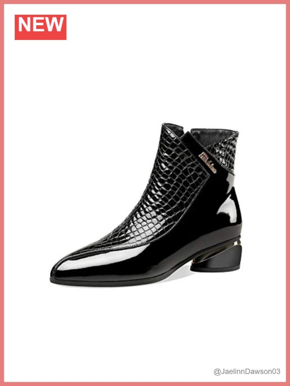 Pointed Toe Side Zip Up Ankle Boots with Patent Leather and Low Chunky Heel